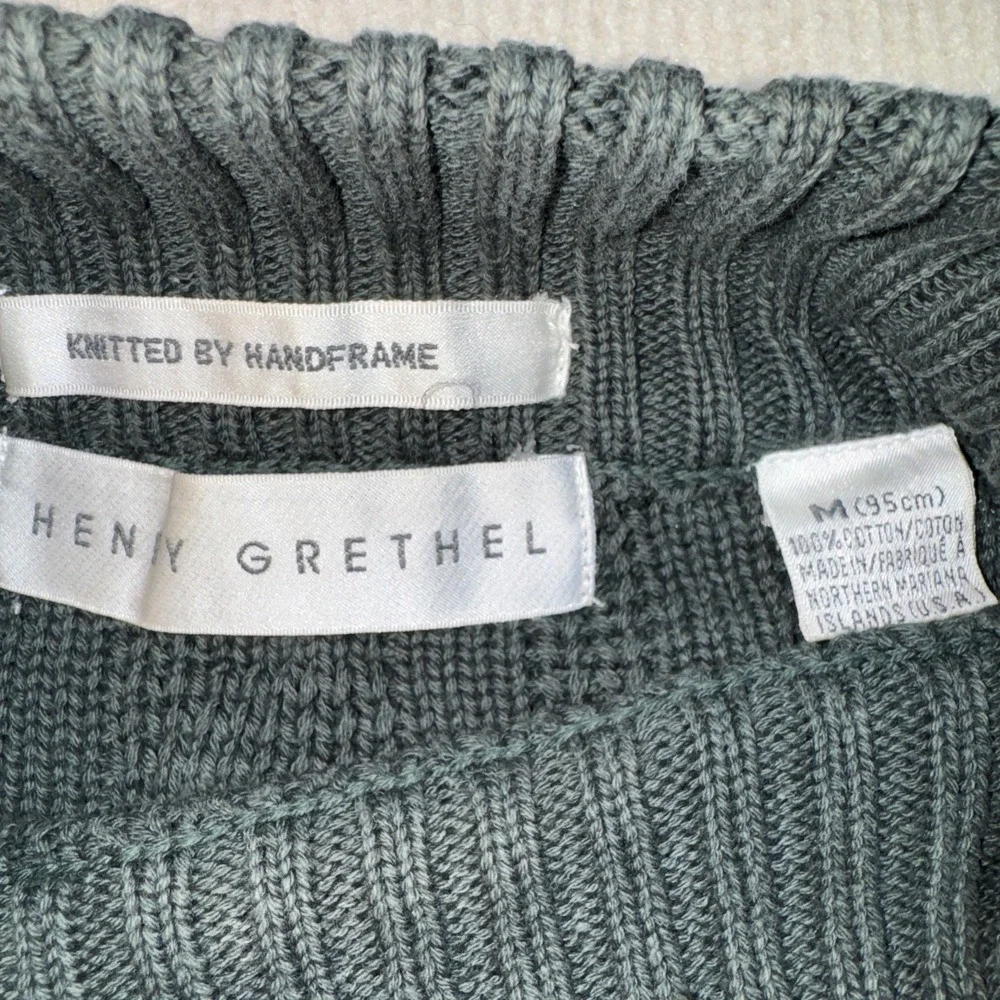Henry Grethel Sweater Mens Medium Blue Grey Cable Knit Mock Neck Cotton Chunky